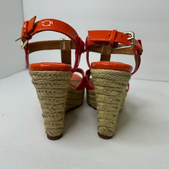 Sofft Womens size 7 Pedra Platform Patent Leather Pink Orange Heel Wedge Sandals - Picture 4 of 10